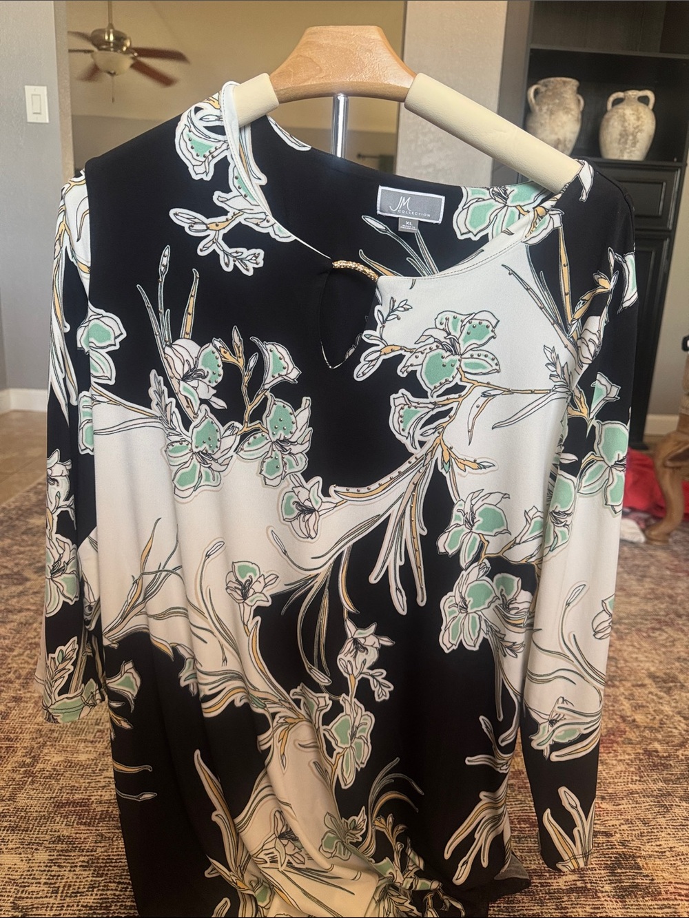 JM Collection Black Cream Floral Blouse with Mint and Gold Accents